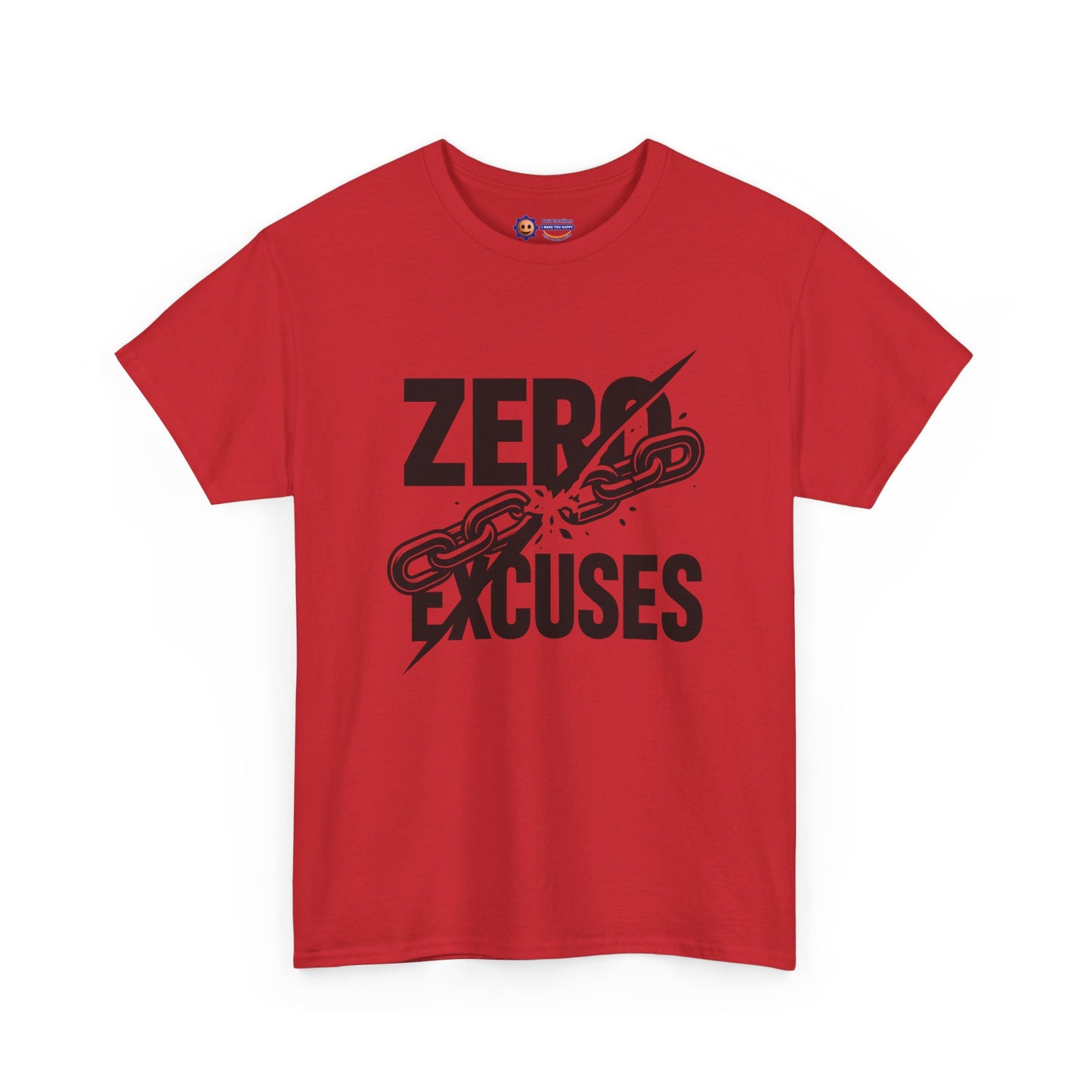 Red t-shirt with 'Zero Excuses' text and chain graphic on a white background