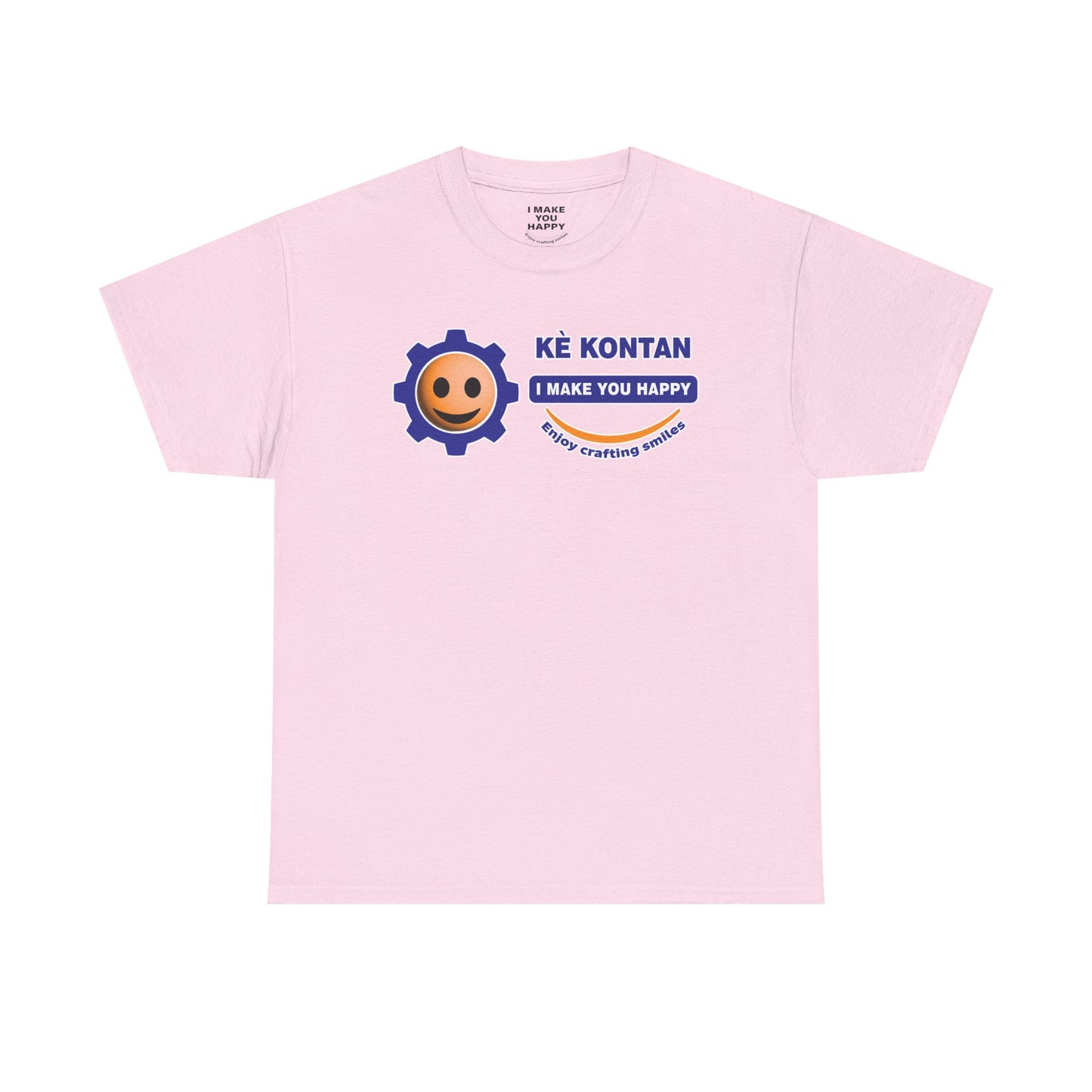 Pink t-shirt with a smiley face and text on a white background