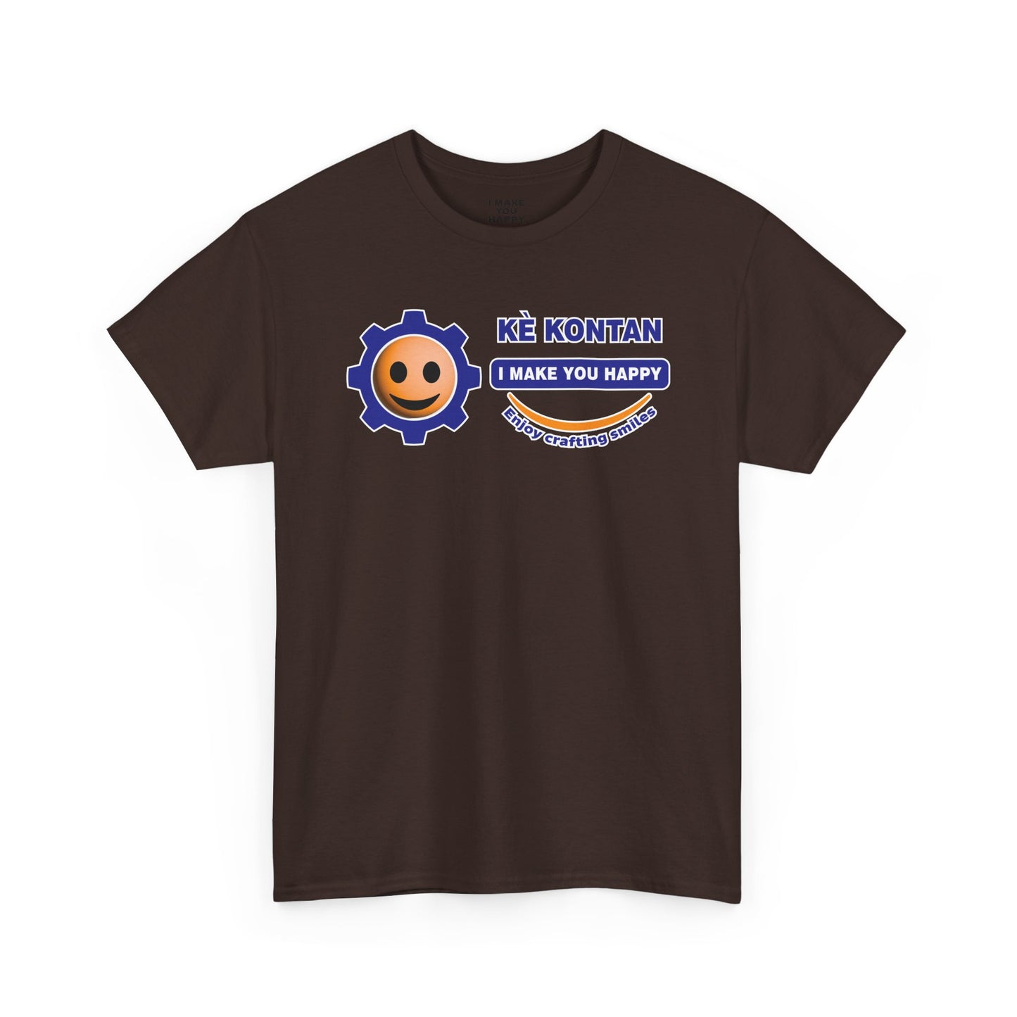 Brown t-shirt with a logo and text on a white background