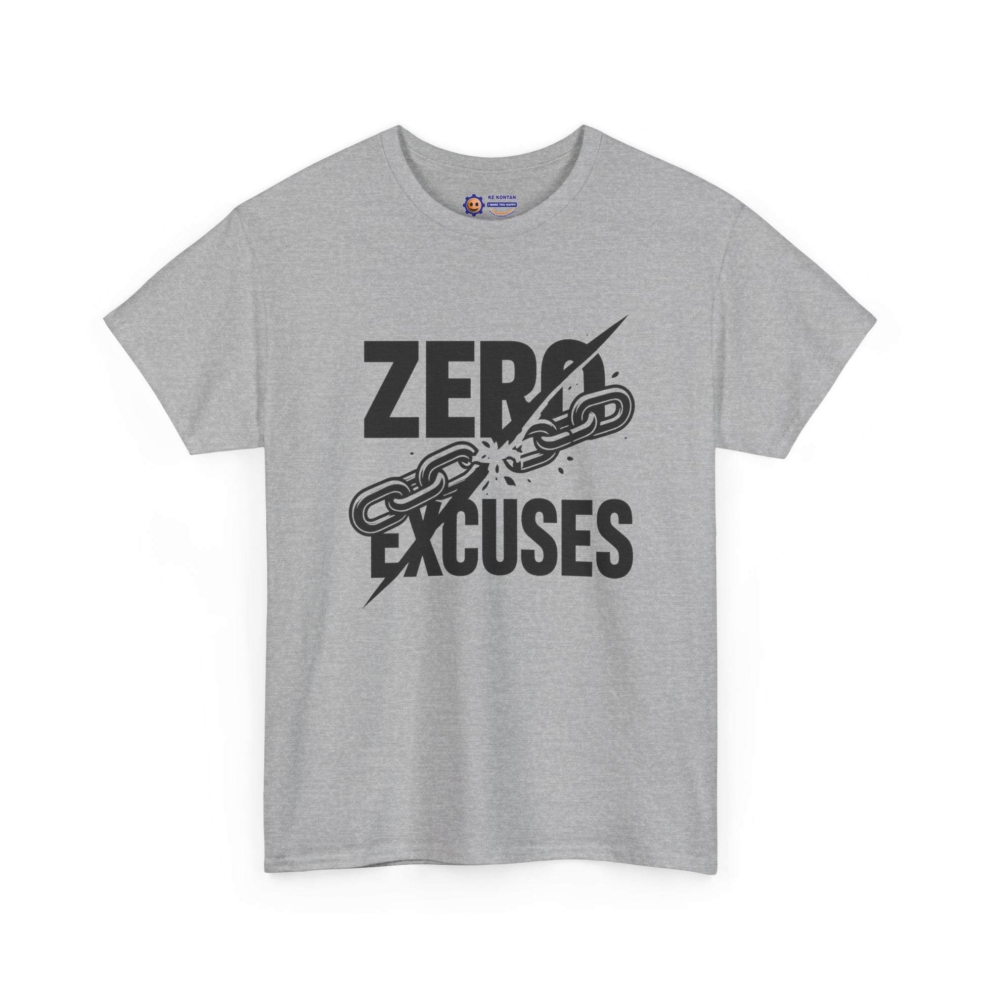 Gray t-shirt with 'Zero Excuses' text and chain graphic on a white background
