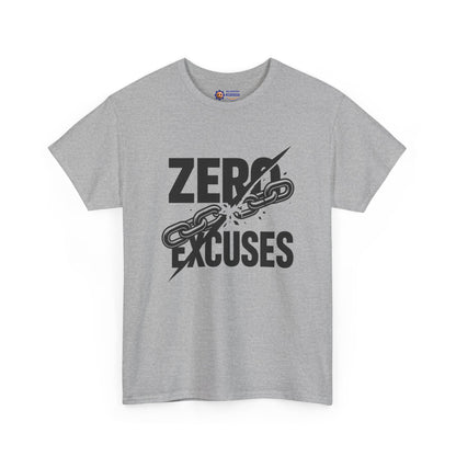 Gray t-shirt with 'Zero Excuses' text and chain graphic on a white background