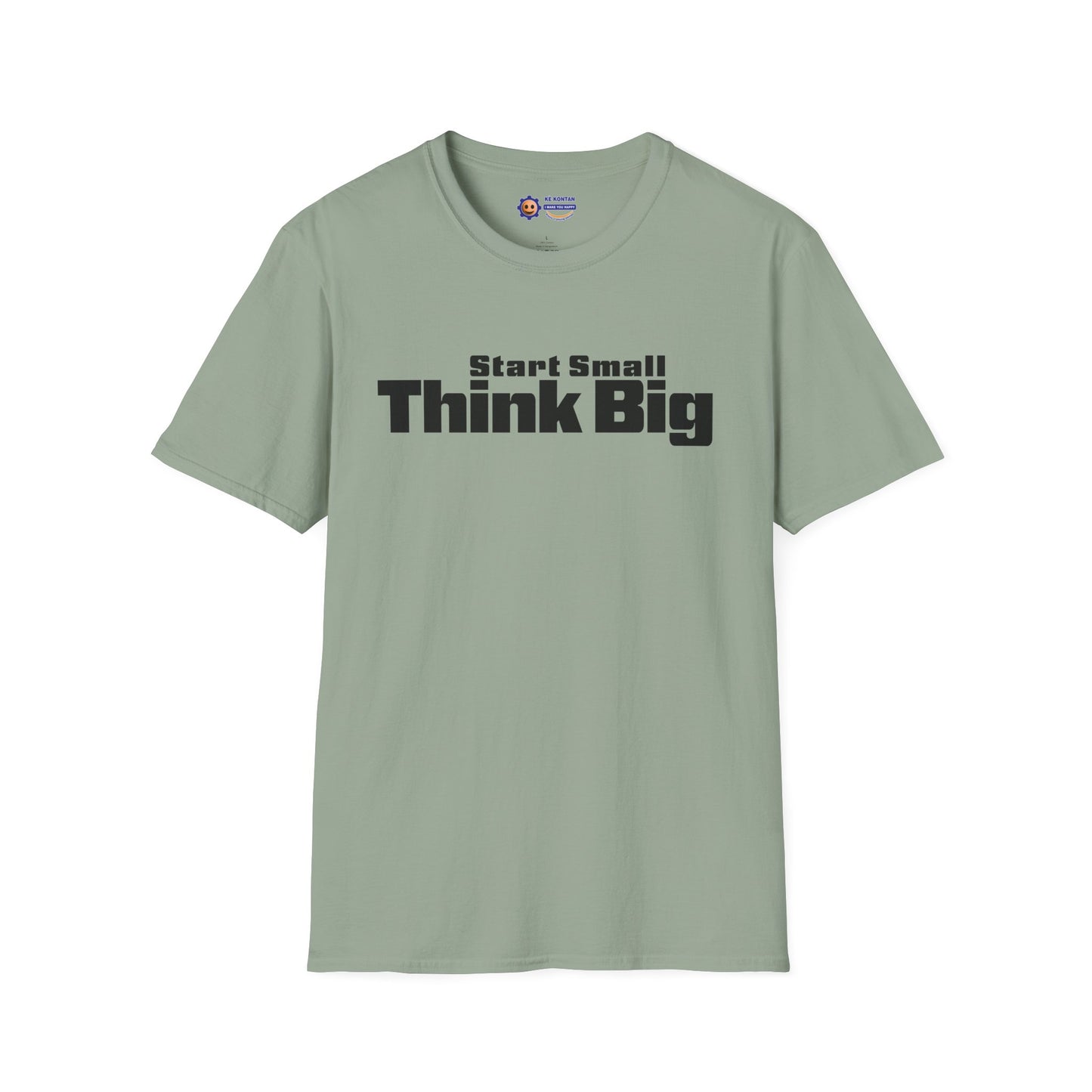 Green t-shirt with 'Start Small Think Big' text on a white background