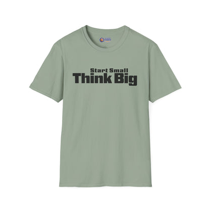 Green t-shirt with 'Start Small Think Big' text on a white background
