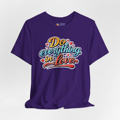 Purple t-shirt with 'Do everything in Love' text on a white background