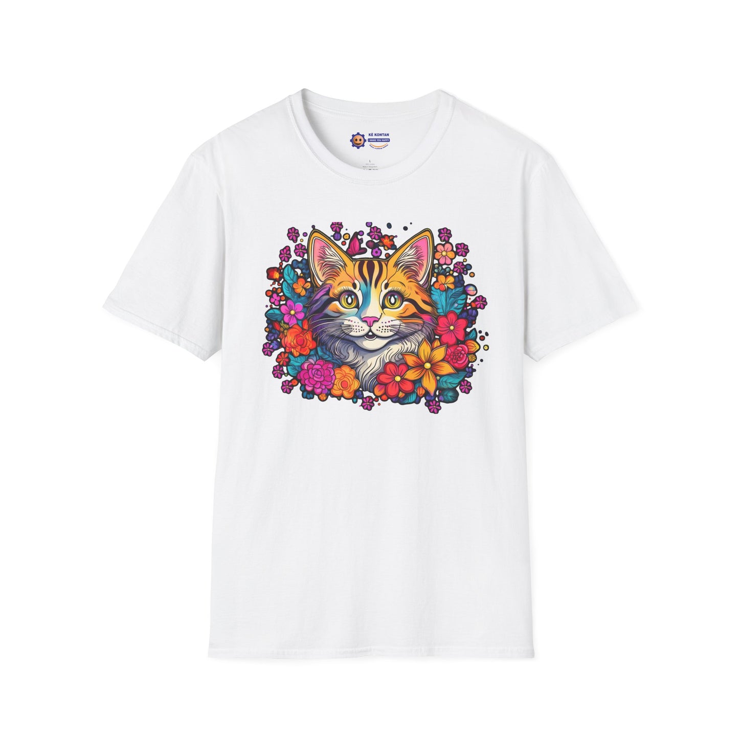 White "Happy Cat in Flowers design on white unisex softstyle t-shirt"