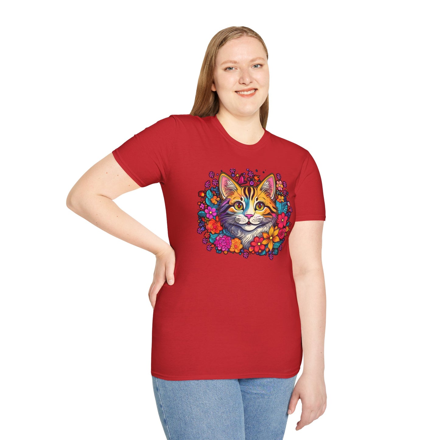 Woman red "Happy Cat in Flowers design on white unisex softstyle t-shirt"
