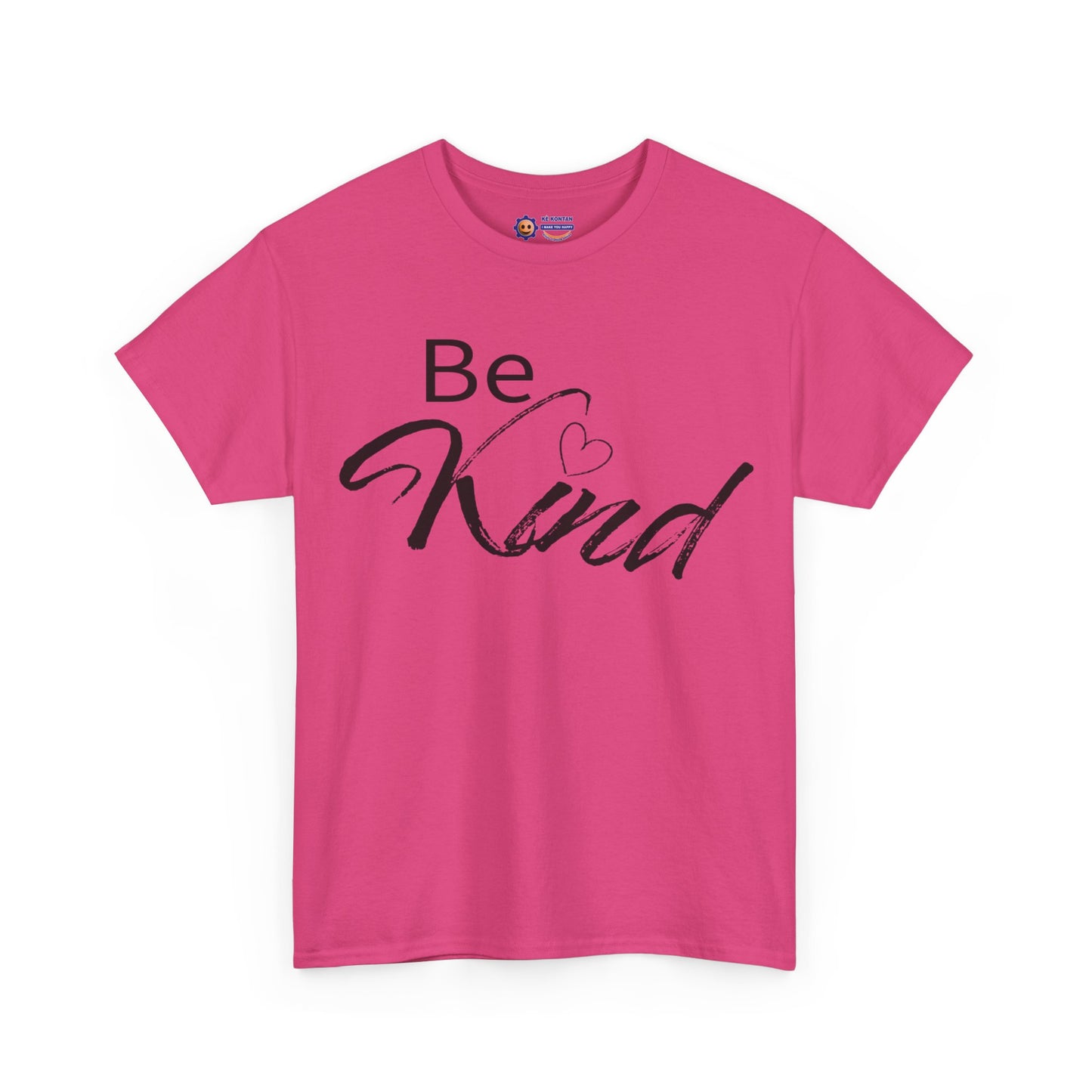 Pink t-shirt with 'Be Kind' text on a white background