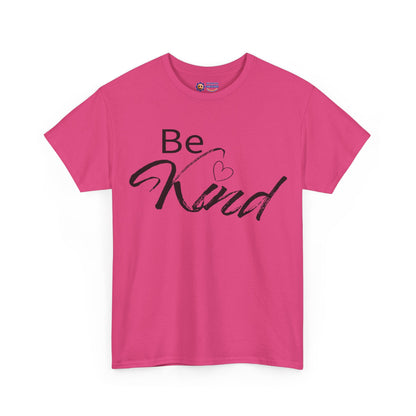 Pink t-shirt with 'Be Kind' text on a white background