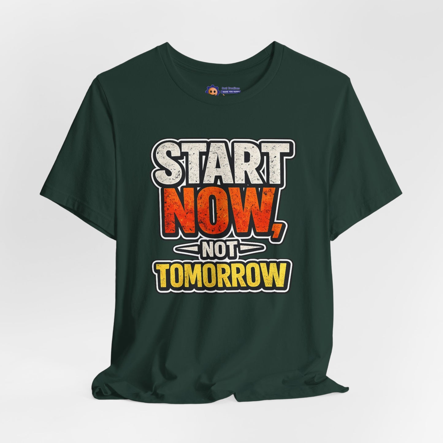 Green t-shirt with motivational text 'Start Now, Not Tomorrow' on a white background