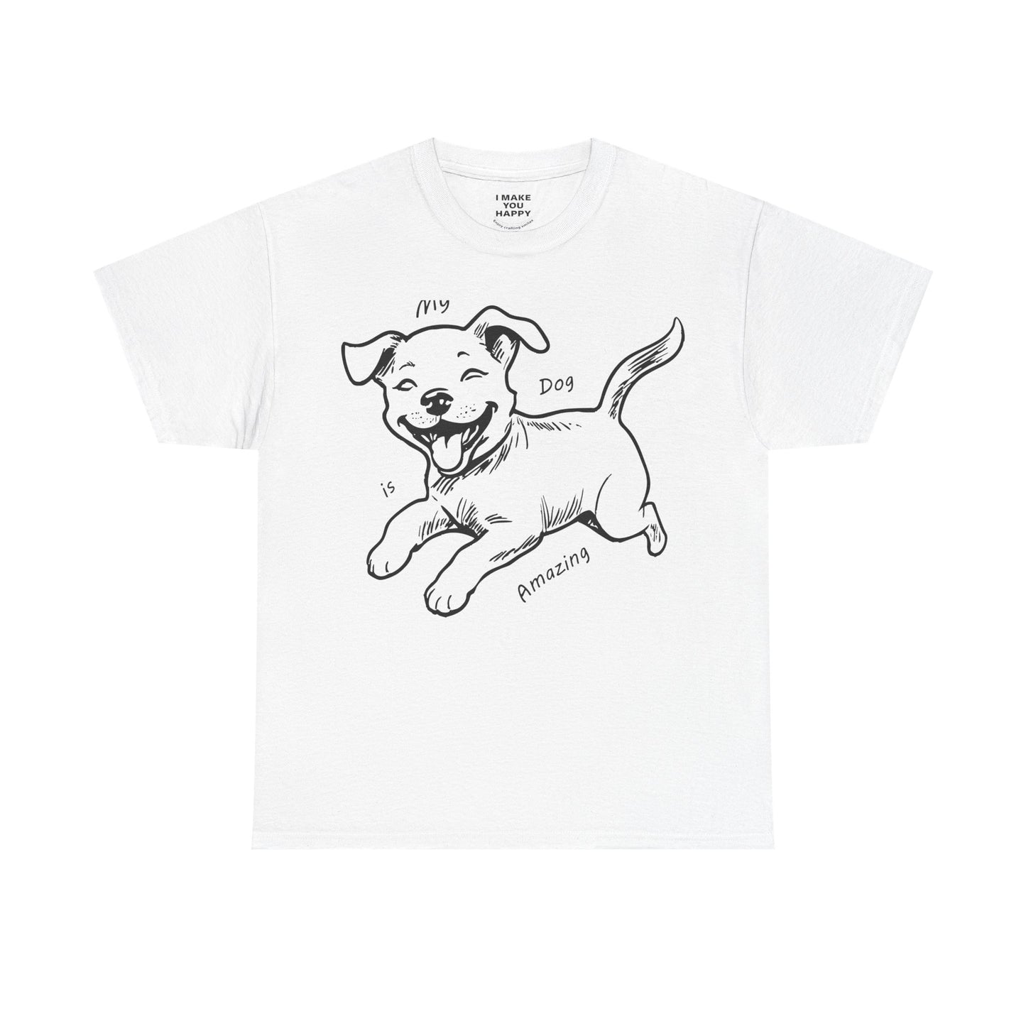 White t-shirt with a black dog illustration and text on a white background