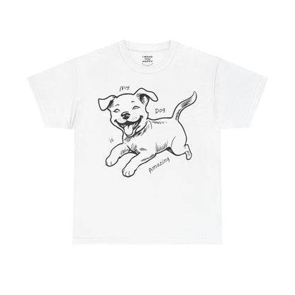 White t-shirt with a black dog illustration and text on a white background