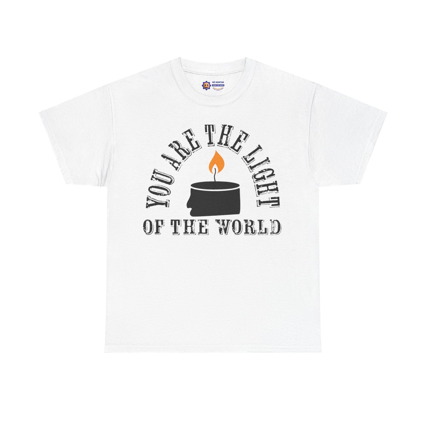 White t-shirt with a graphic and text 'You are the light of the world' on a white background