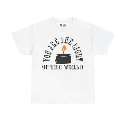 White t-shirt with a graphic and text 'You are the light of the world' on a white background