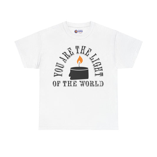 White t-shirt with a graphic and text 'You are the light of the world' on a white background