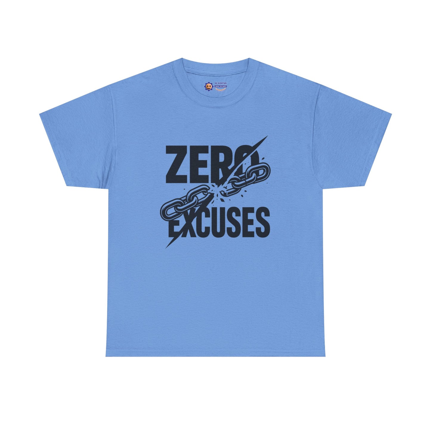 Light blue t-shirt with 'Zero Excuses' graphic design on a white background
