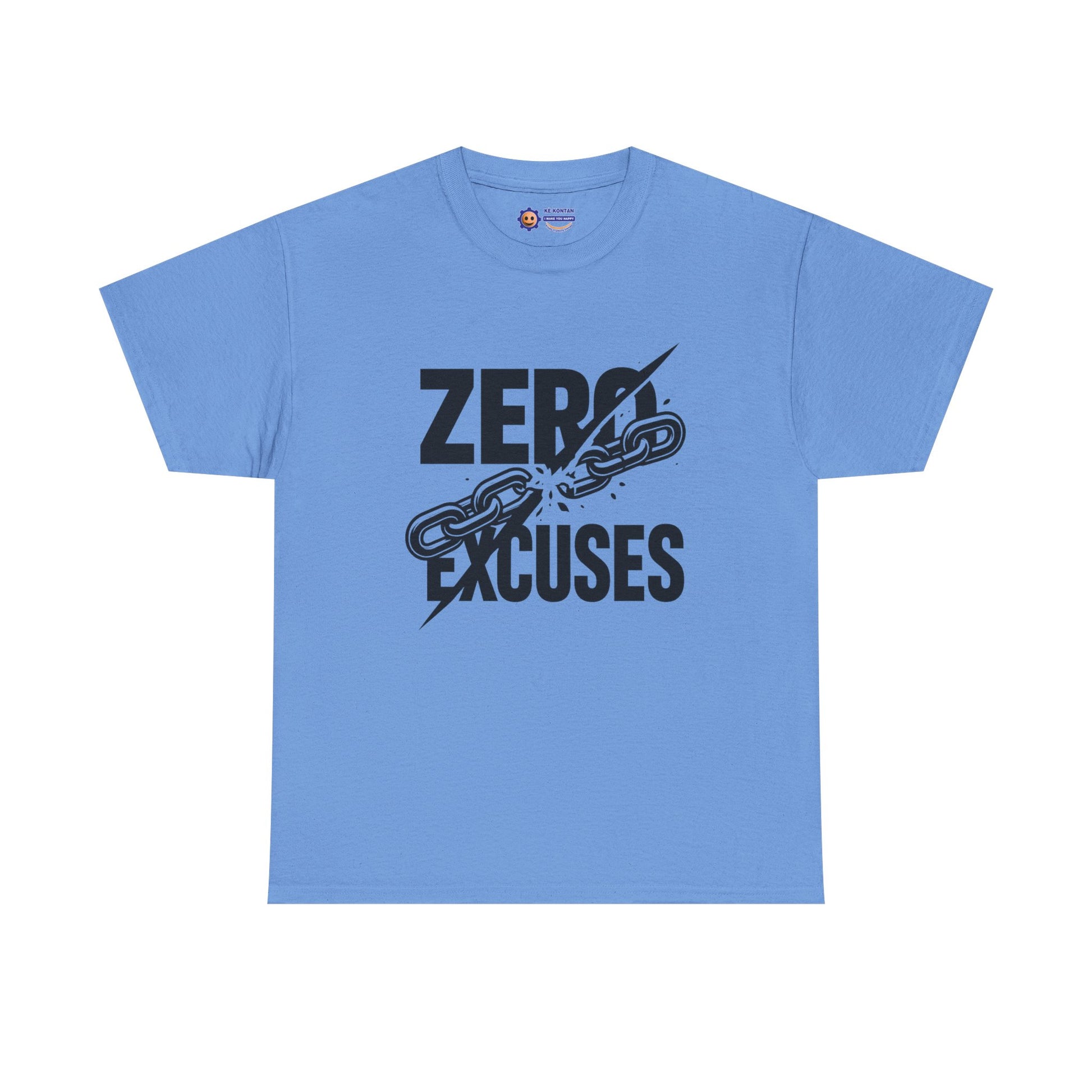 Light blue t-shirt with 'Zero Excuses' graphic design on a white background