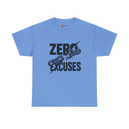 Light blue t-shirt with 'Zero Excuses' graphic design on a white background