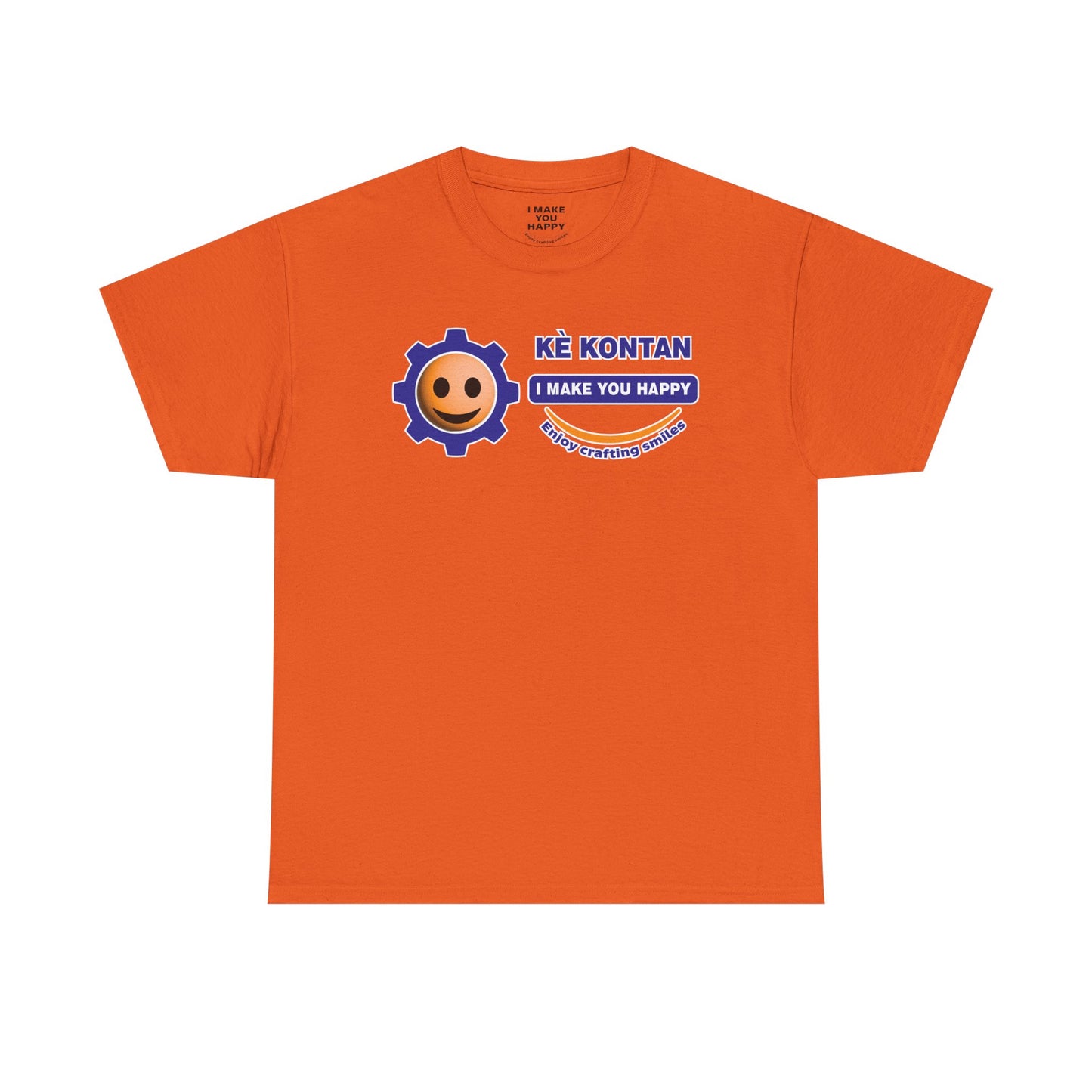 Orange t-shirt with a smiley face and text design on a white background
