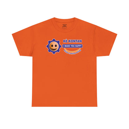 Orange t-shirt with a smiley face and text design on a white background
