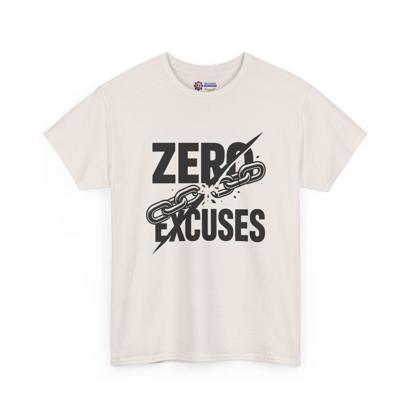 Beige t-shirt with 'Zero Excuses' graphic design on a white background