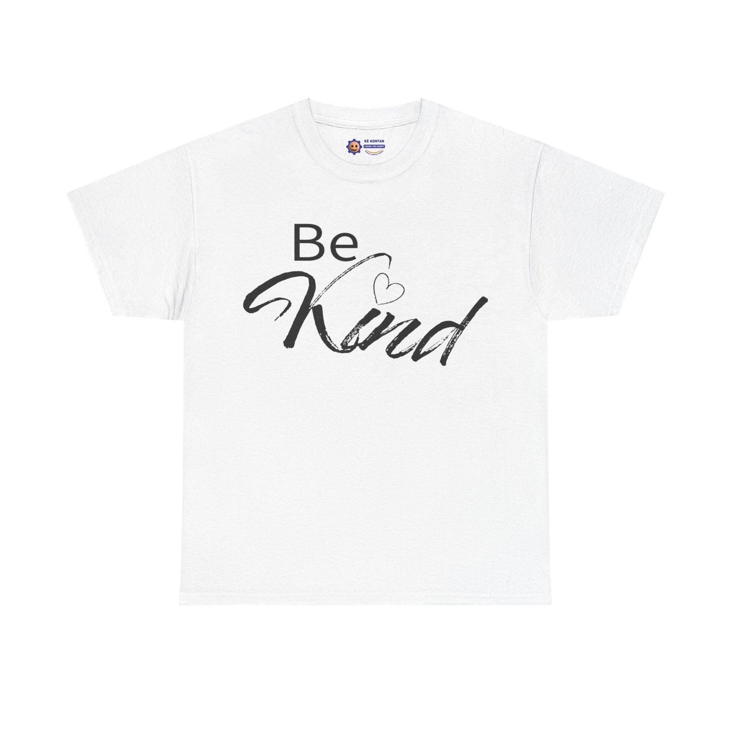 White t-shirt with 'Be Kind' text on a white background