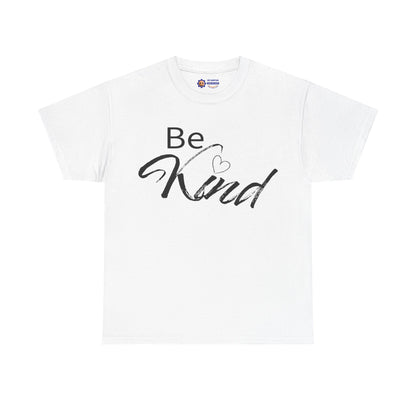 White t-shirt with 'Be Kind' text on a white background