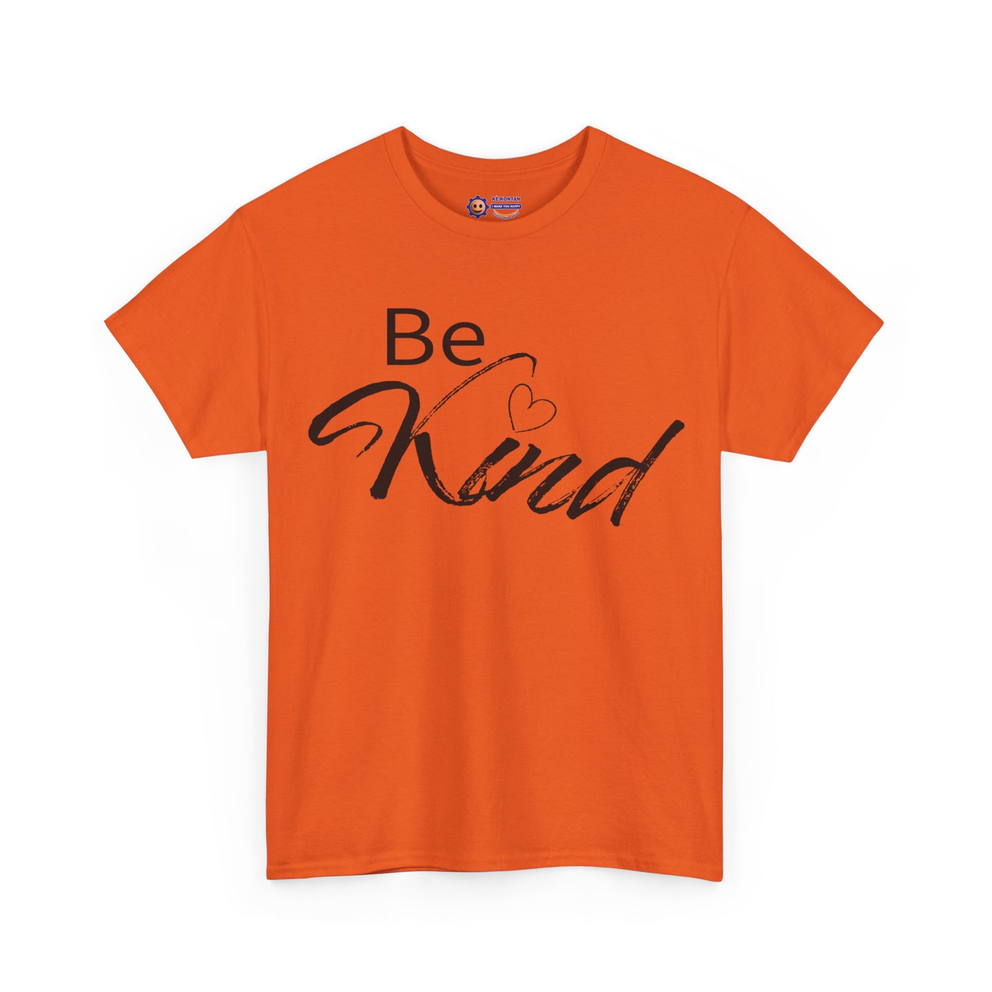 Orange t-shirt with 'Be Kind' text on a white background