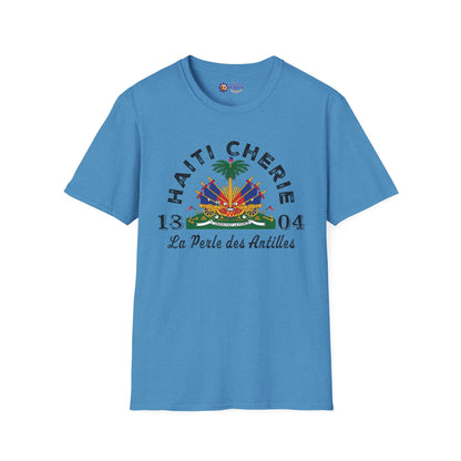 Blue t-shirt with 'Haiti Chérie' design on a white background