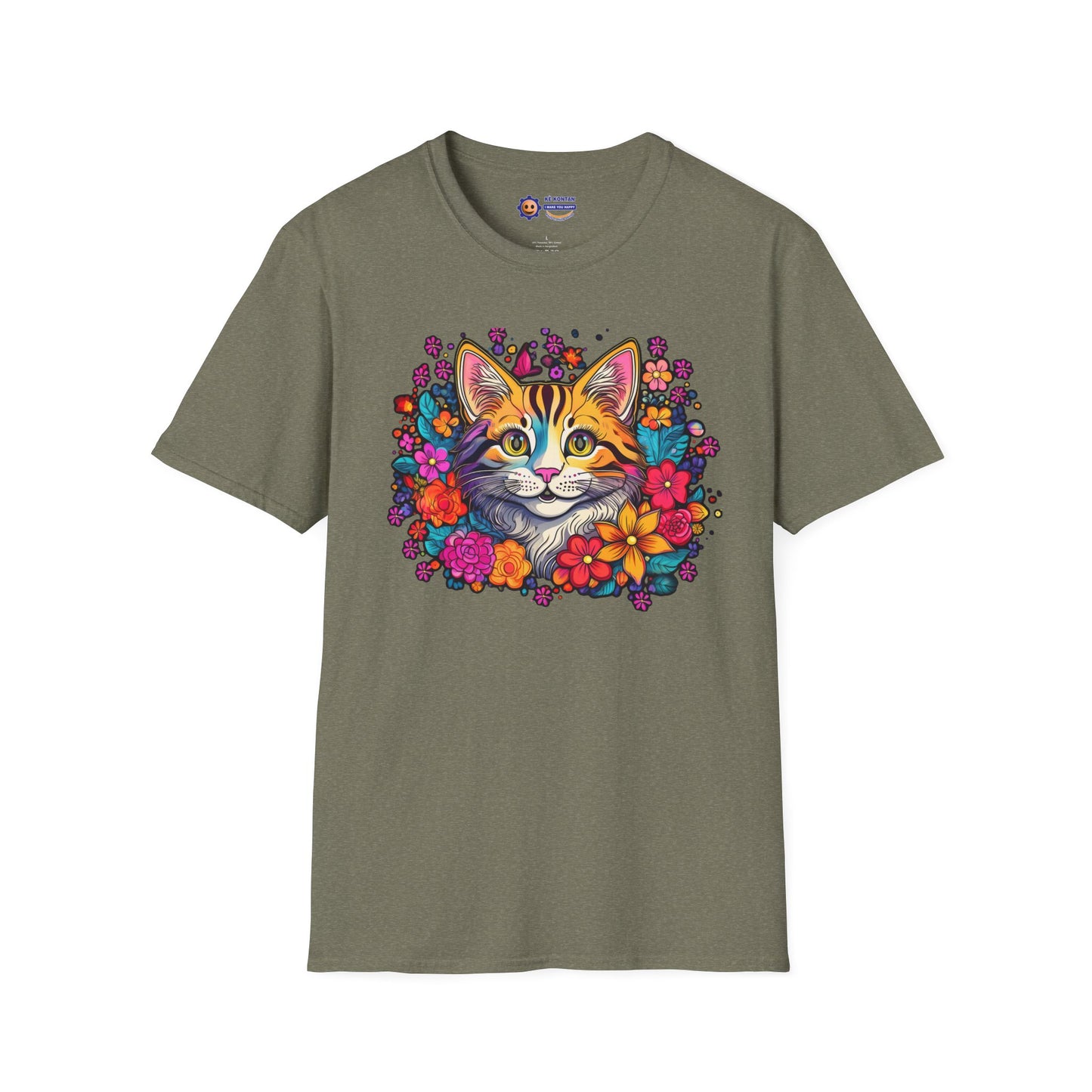 Green "Happy Cat in Flowers design on white unisex softstyle t-shirt"