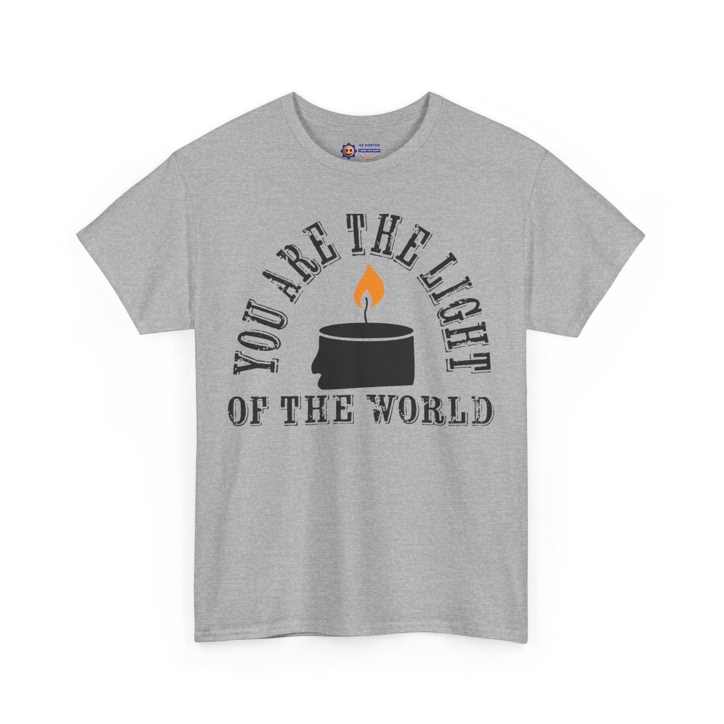 Gray t-shirt with 'You are the light of the world' text and graphic on a white background