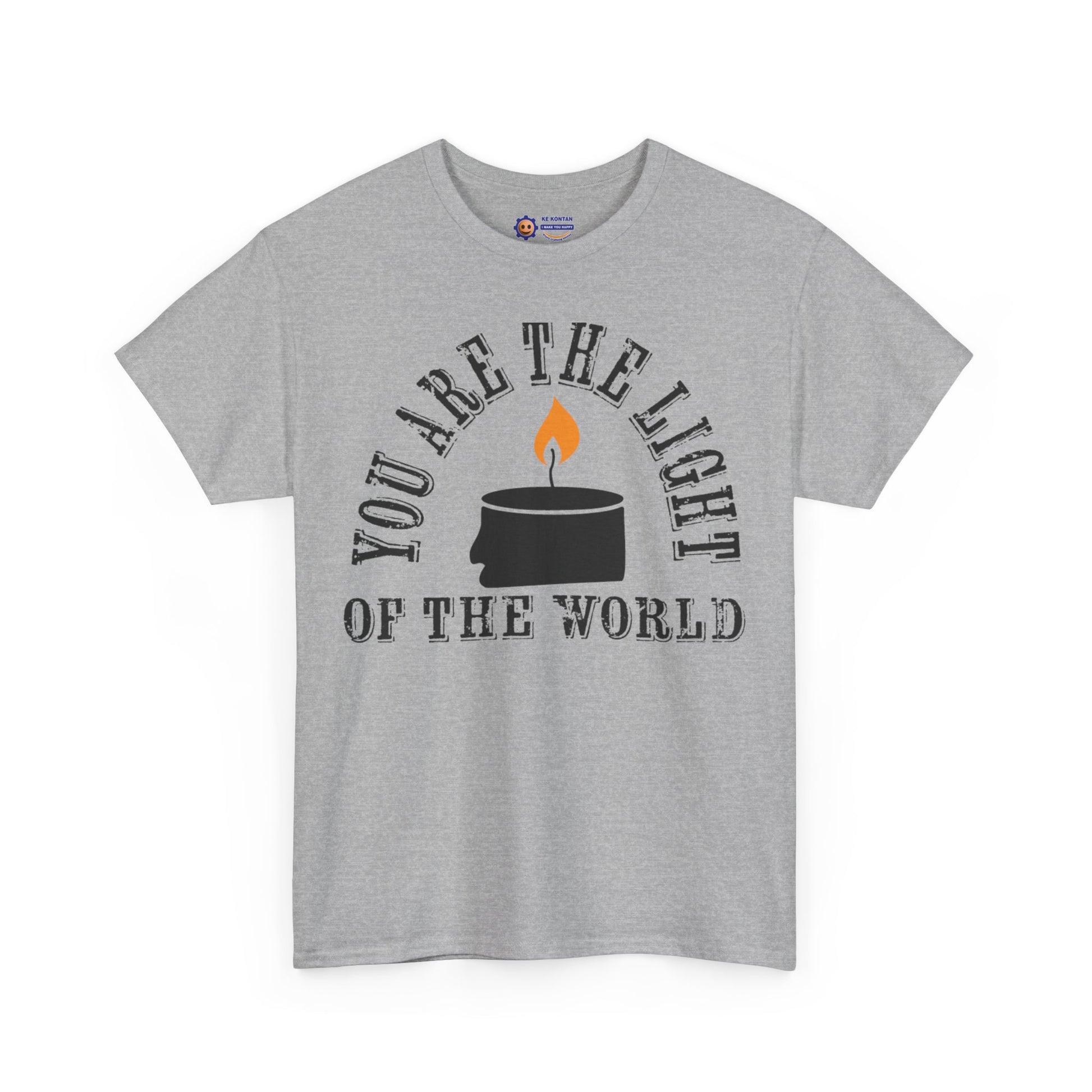 Gray t-shirt with 'You are the light of the world' text and graphic on a white background