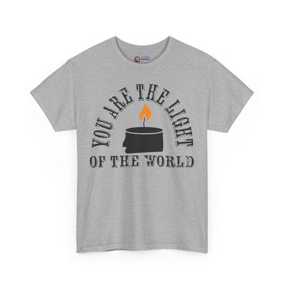 Gray t-shirt with 'You are the light of the world' text and graphic on a white background