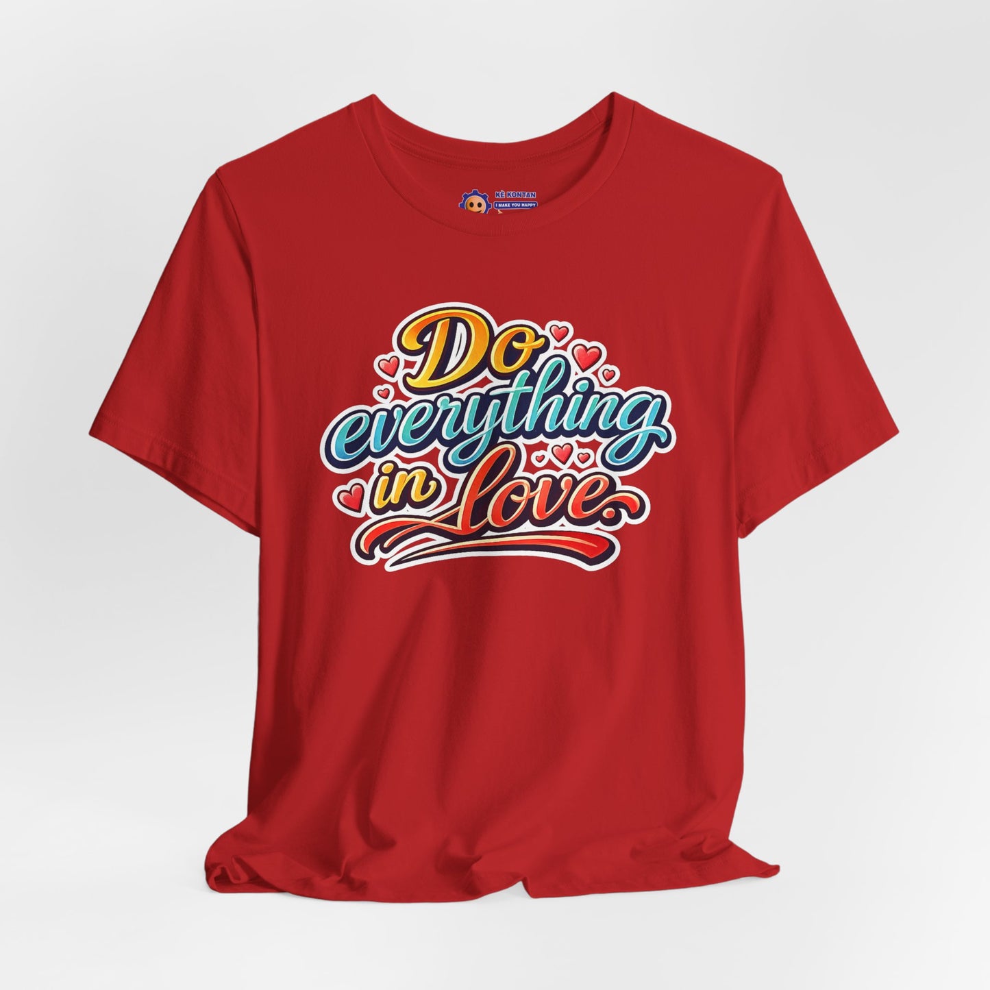 Red t-shirt with 'Do everything in Love' text on a white background