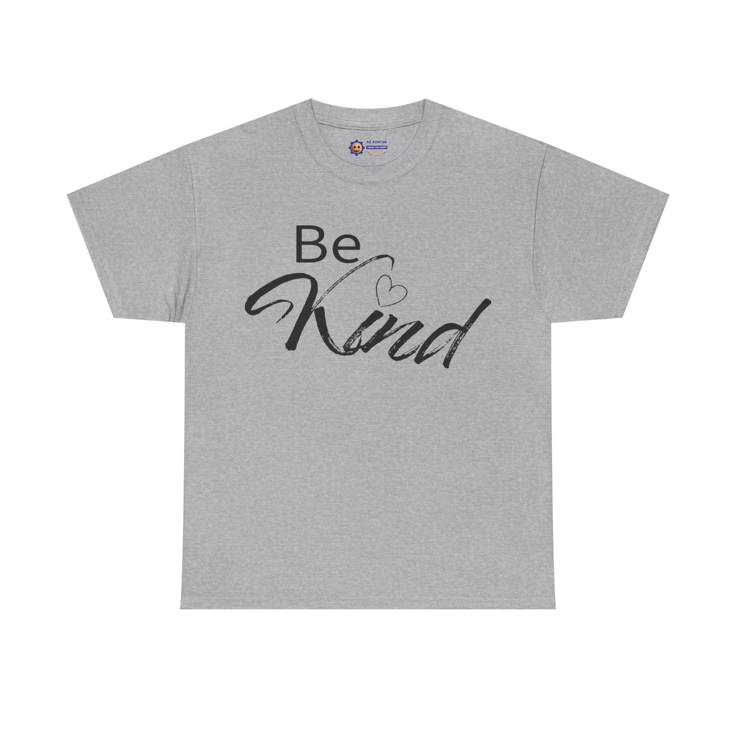 Gray t-shirt with 'Be Kind' text on a white background