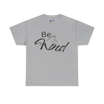 Gray t-shirt with 'Be Kind' text on a white background