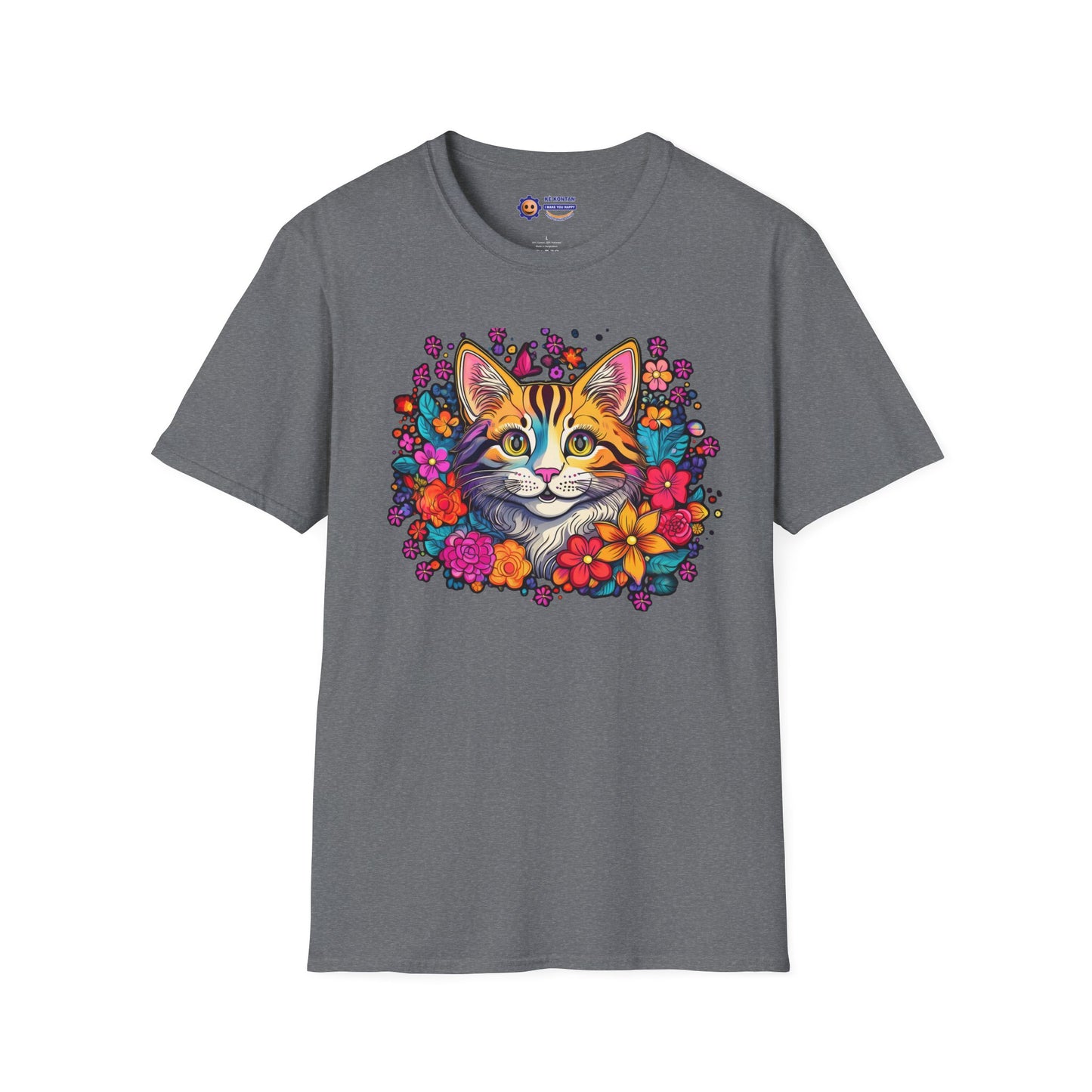 Gray "Happy Cat in Flowers design on white unisex softstyle t-shirt"