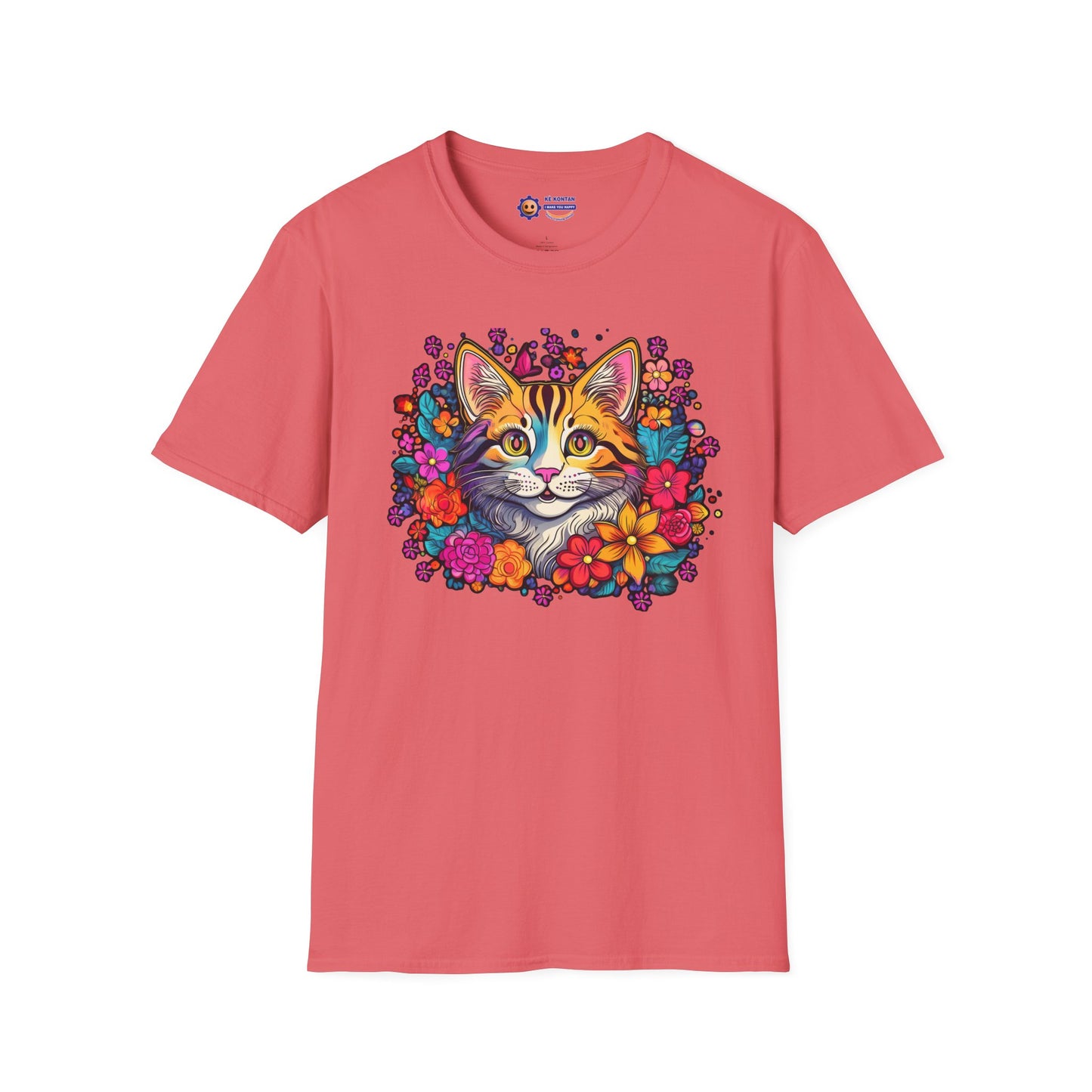 Pink "Happy Cat in Flowers design on white unisex softstyle t-shirt"