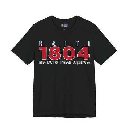 Black t-shirt with 'Haiti 1804 The First Black Republic' text on a white background
