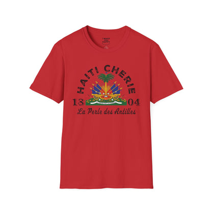 Red t-shirt with 'Haiti Chérie' design on a white background
