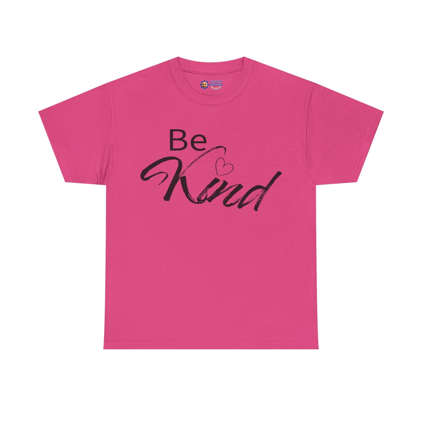 Pink t-shirt with 'Be Kind' text on a white background