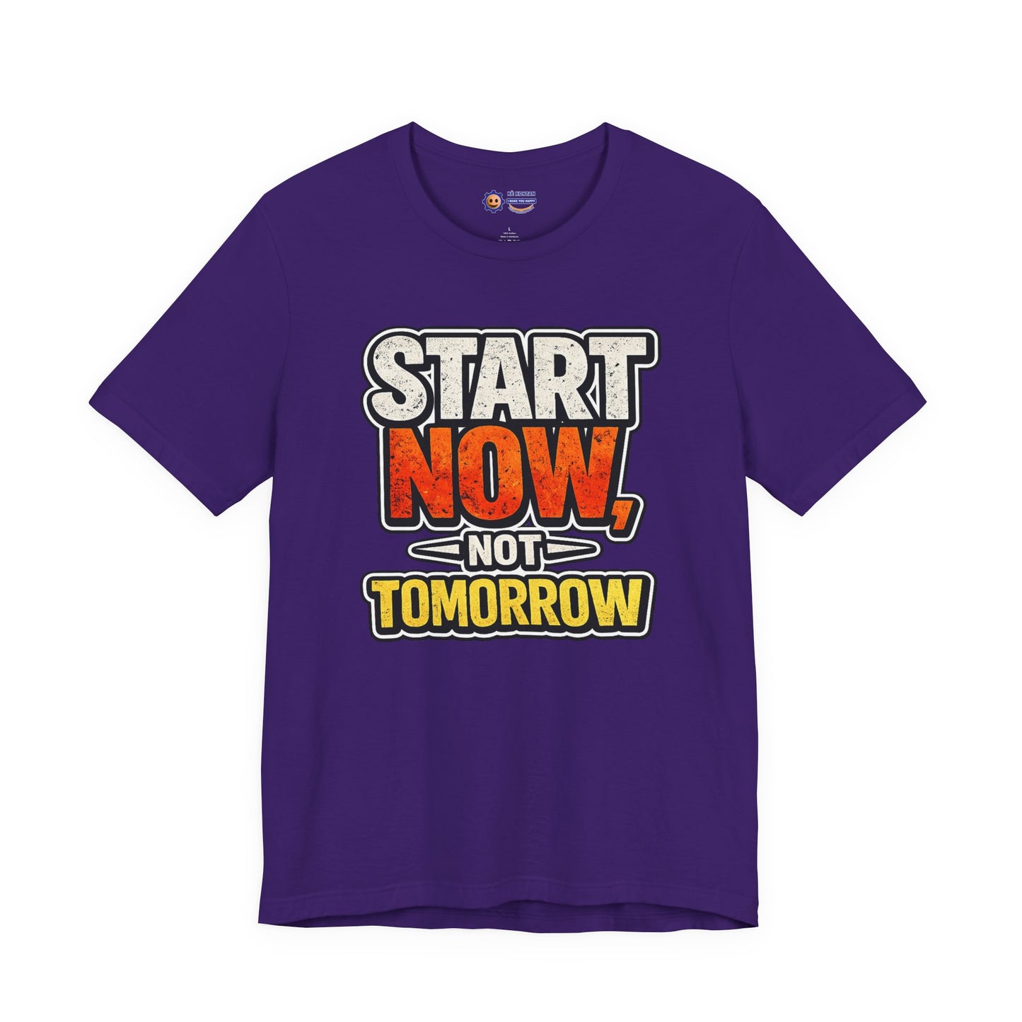 Purple t-shirt with motivational text 'Start Now, Not Tomorrow' on a white background