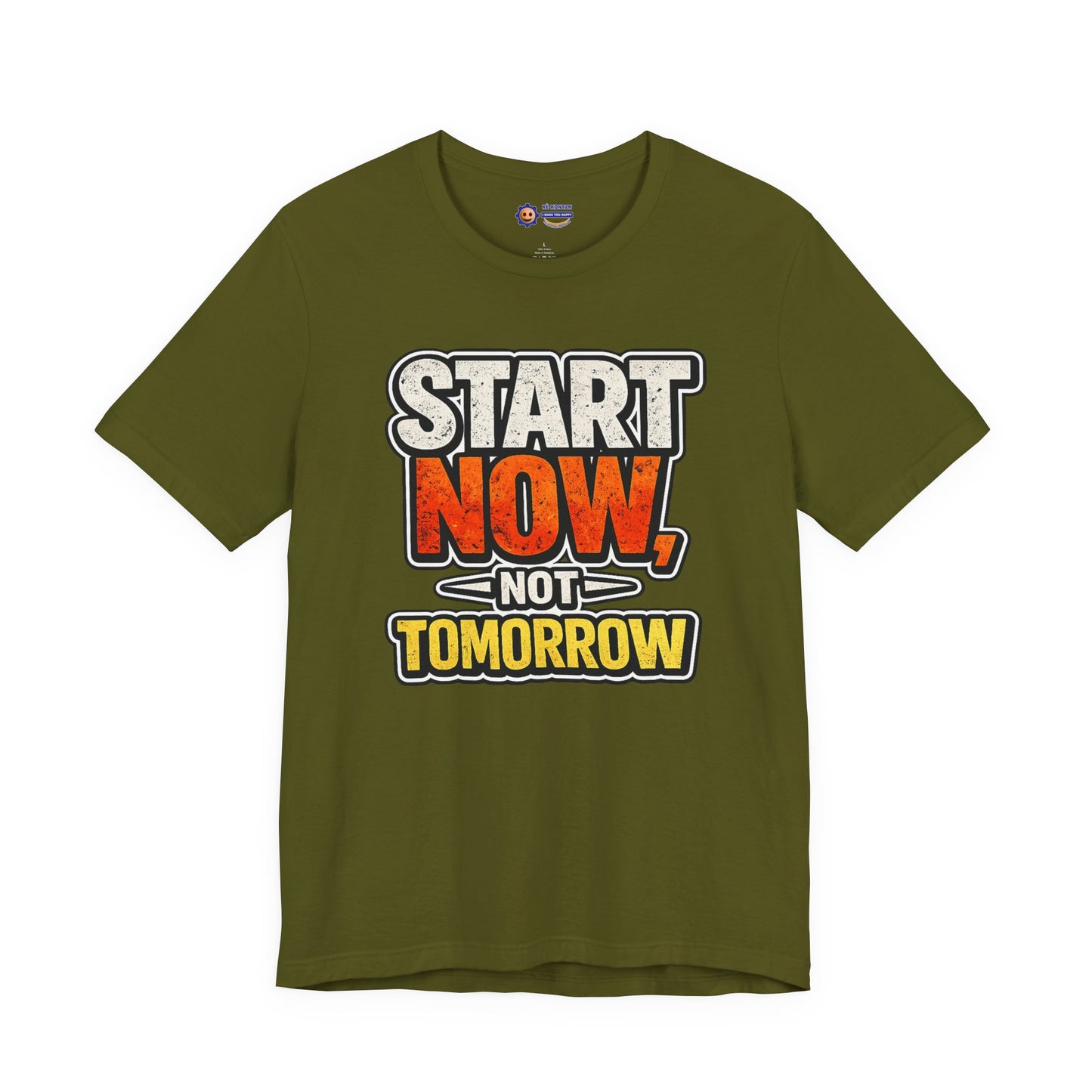 Green t-shirt with motivational text 'Start Now, Not Tomorrow' on a white background