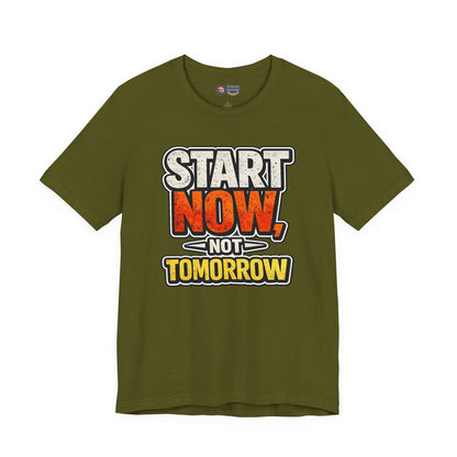Green t-shirt with motivational text 'Start Now, Not Tomorrow' on a white background