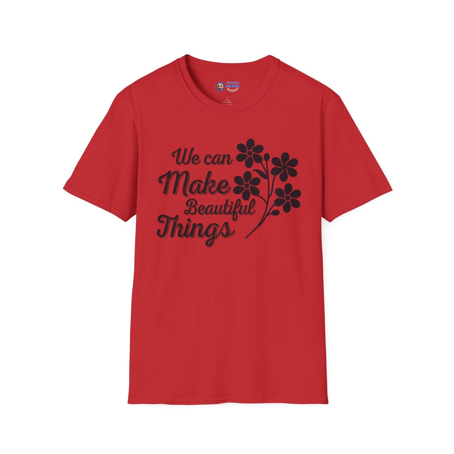 Red t-shirt with black floral design and text on a white background