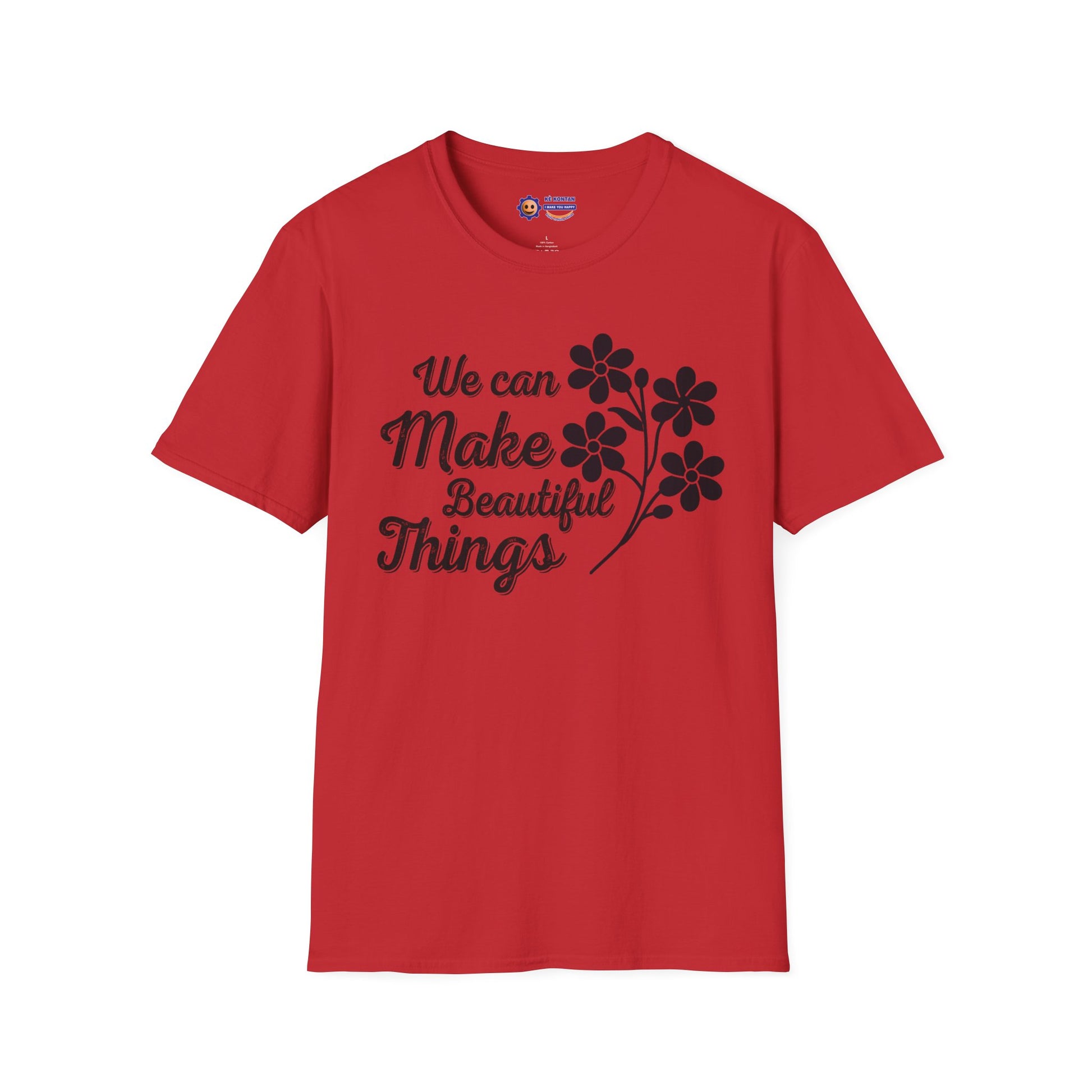 Red t-shirt with black floral design and text on a white background
