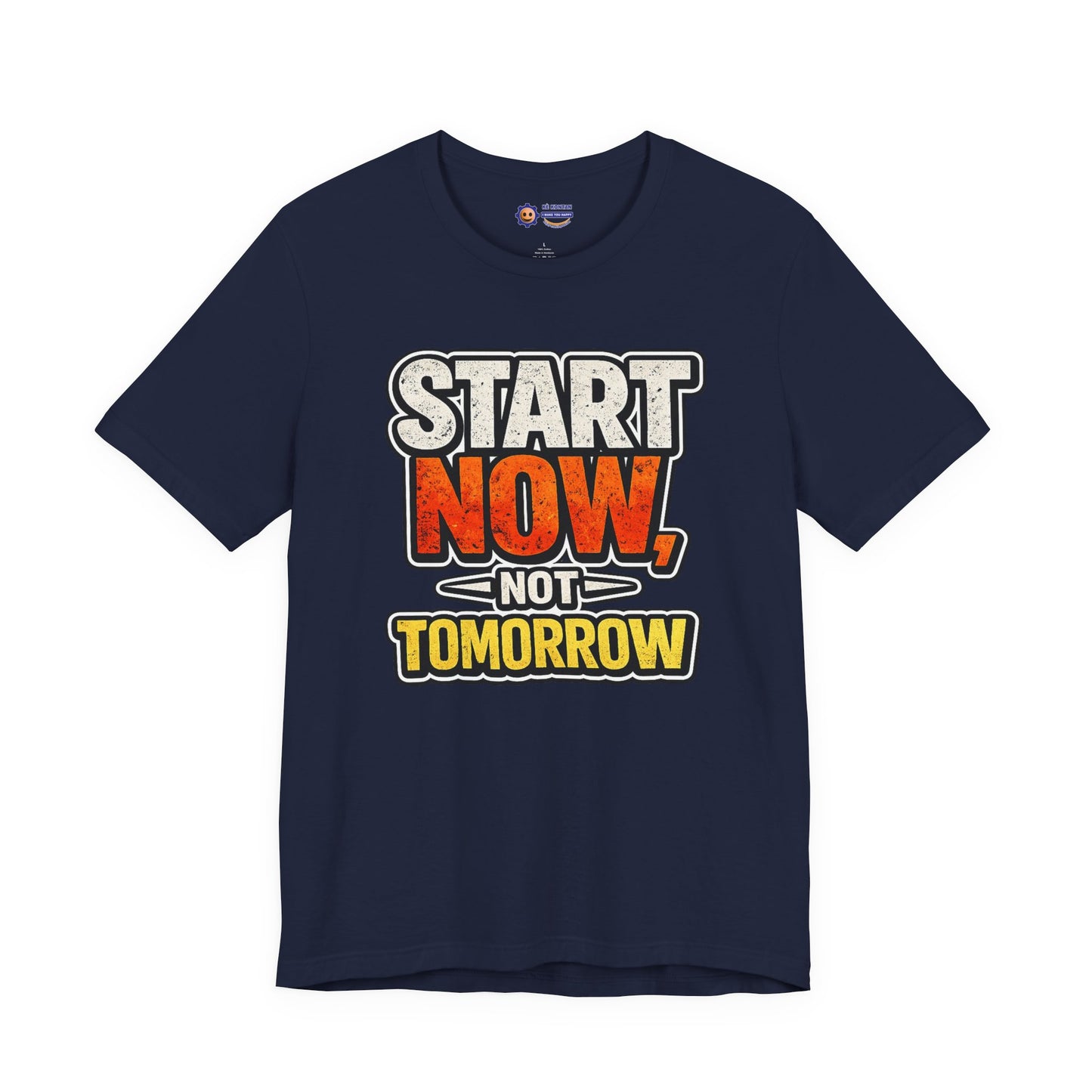Navy blue t-shirt with motivational quote on a white background