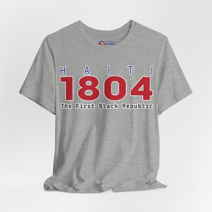 Gray t-shirt with 'Haiti 1804 The First Black Republic' text on a white background