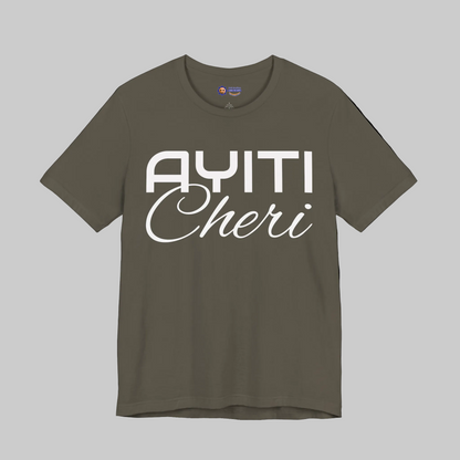 Army t-shirt with 'Ayiti Cheri' text on a white background