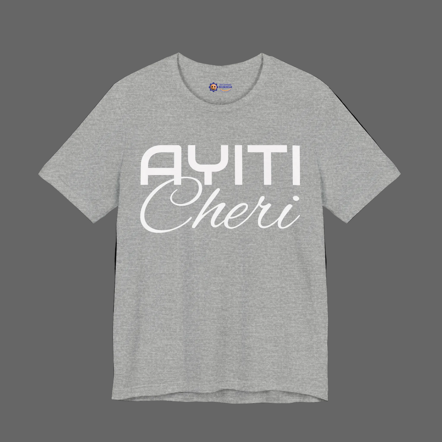 Athletic Heather t-shirt with 'Ayiti Cheri' text on a white background