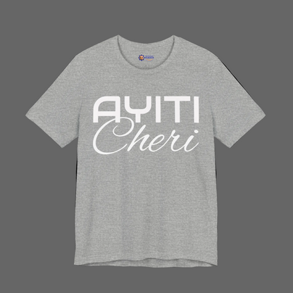 Athletic Heather t-shirt with 'Ayiti Cheri' text on a white background